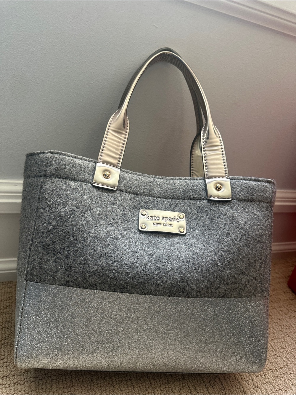 kate spade Gray Felt & Silver Tote with Metallic Accents